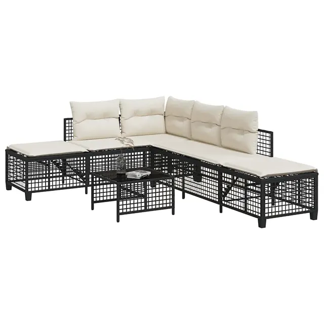 3 piece garden corner sofa set with cushions, poly rattan Black And Cream - Shop at LoveMi
