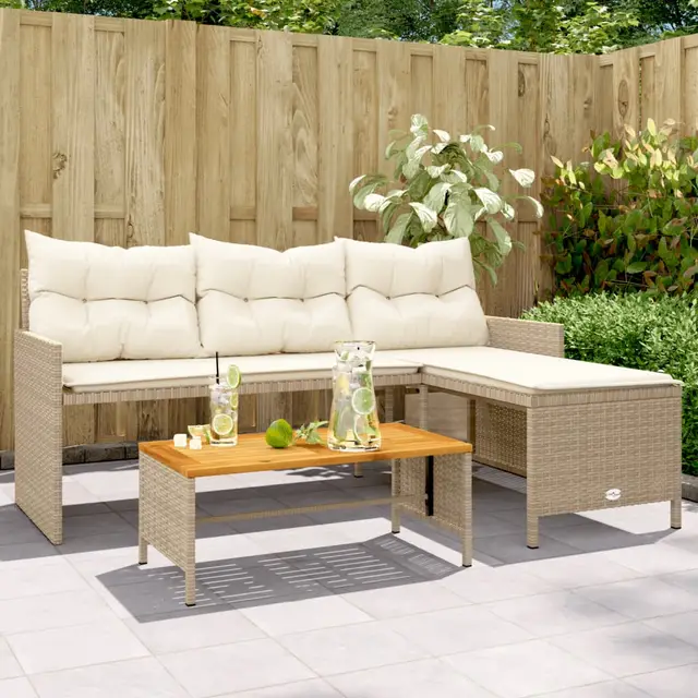 L shaped garden sofa with table and cushions Beige - Shop at LoveMi