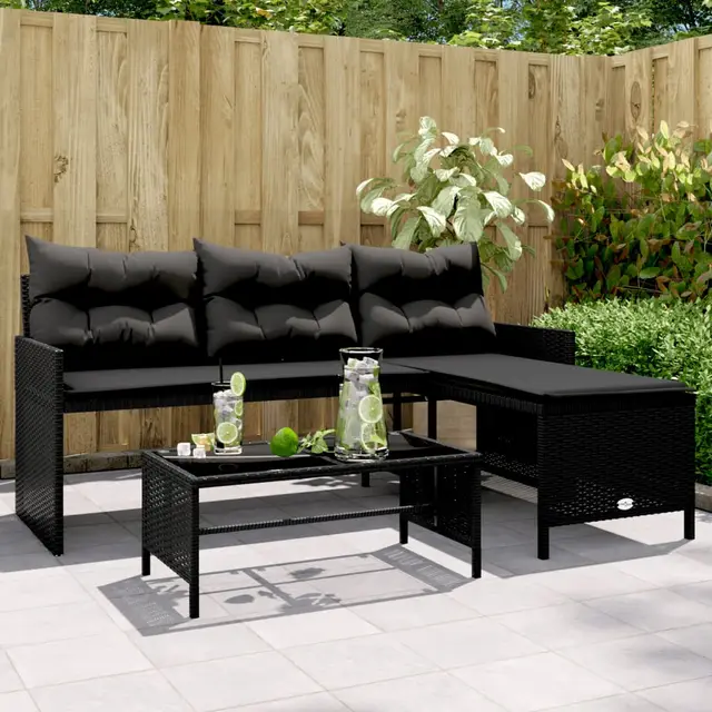 L shaped garden sofa with table and cushions Black - Shop at LoveMi