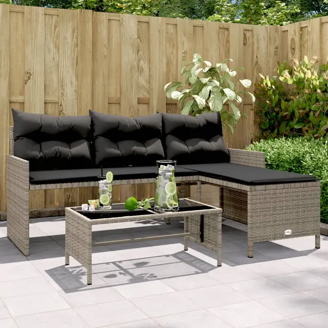L shaped garden sofa with table and cushions Gray - Shop at LoveMi