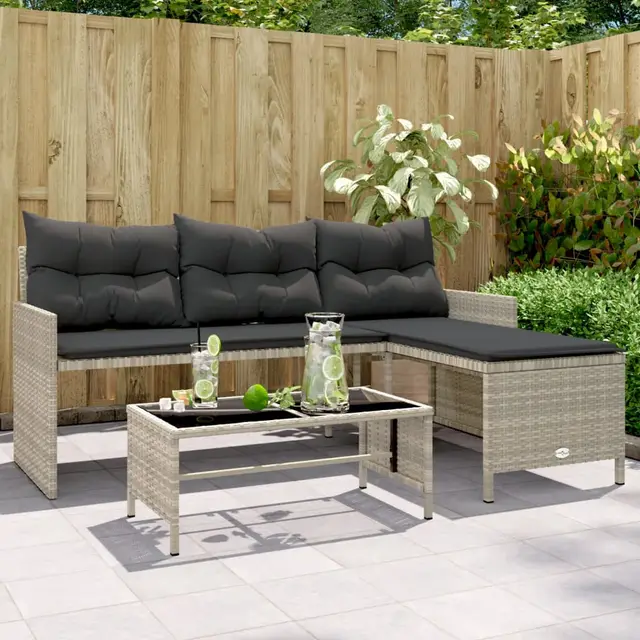 L shaped garden sofa with table and cushions Light Grey - Shop at LoveMi
