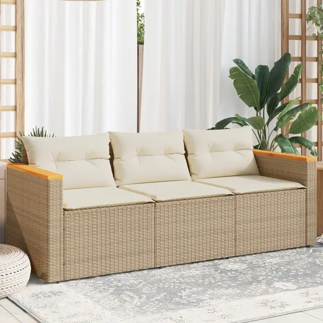 Garden Sofa with Cushions 3 Seater Poly Rattan Beige - Shop at LoveMi