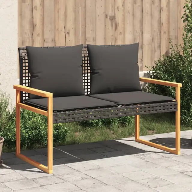Garden bench with cushions, poly rattan, acacia wood Black - Shop at LoveMi
