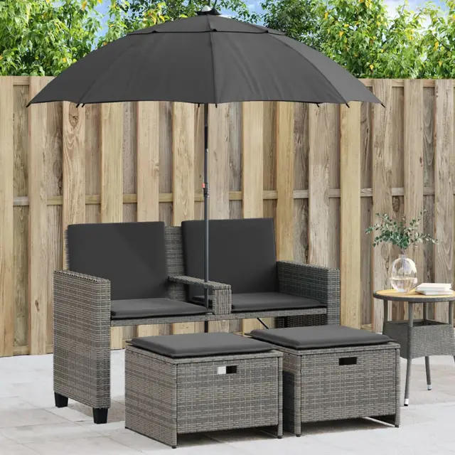 Garden Sofa 2 Seater with Parasol and Stool, Poly Rattan Gray - Shop at LoveMi