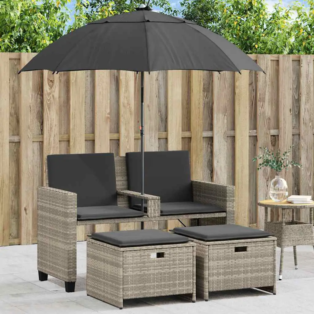Garden Sofa 2-Seater with Parasol and Stool, Poly Rattan - Light Grey