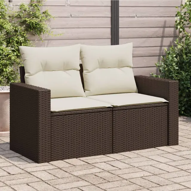 Garden Sofa with Cushions 2 Seater Poly Rattan Brown - Shop at LoveMi