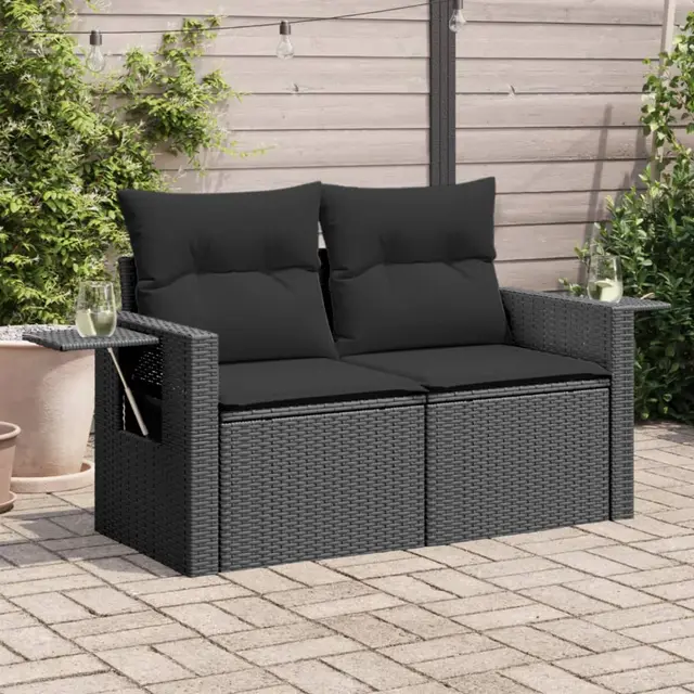 Garden Sofa with Cushions 2 Seater Poly Rattan Black - Shop at LoveMi