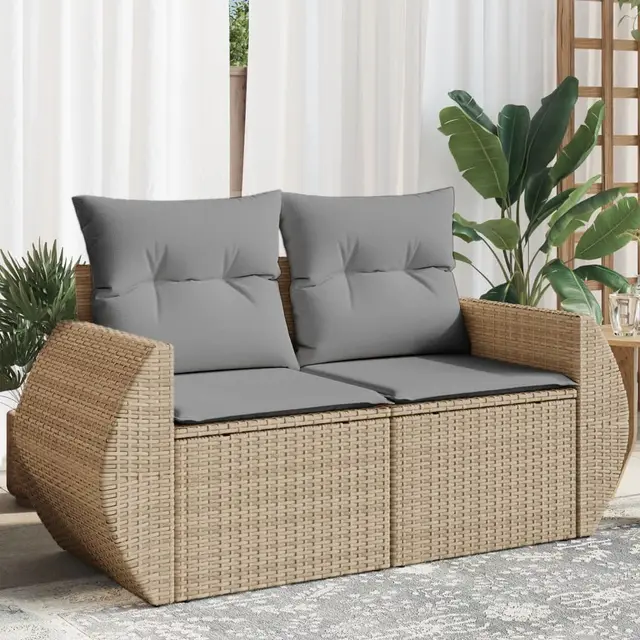 Garden Sofa with Cushions 2 Seater Poly Rattan Beige And Light Grey - Shop at LoveMi