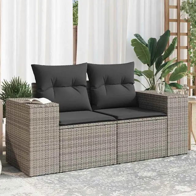 Garden Sofa with Cushions 2 Seater Poly Rattan Gray - Shop at LoveMi