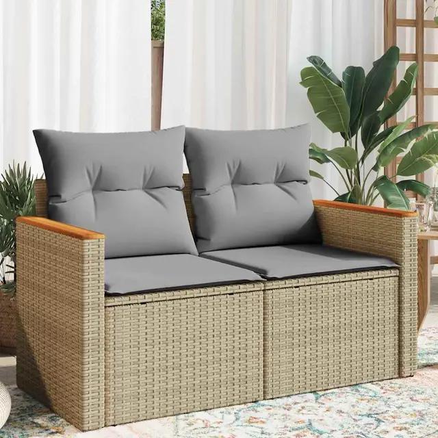 Garden Sofa with Cushions 2 Seater Poly Rattan Beige And Light Grey - Shop at LoveMi