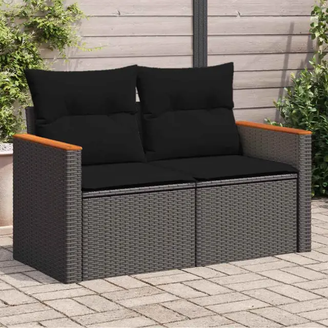 Garden Sofa with Cushions 2 Seater Poly Rattan Black - Shop at LoveMi