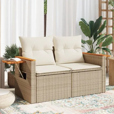 Garden Sofa with Cushions 2 Seater Poly Rattan Beige And White - Shop at LoveMi