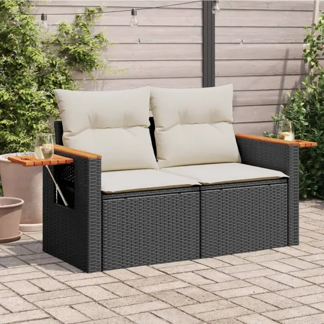 Garden Sofa with Cushions 2 Seater Poly Rattan Black And White - Shop at LoveMi