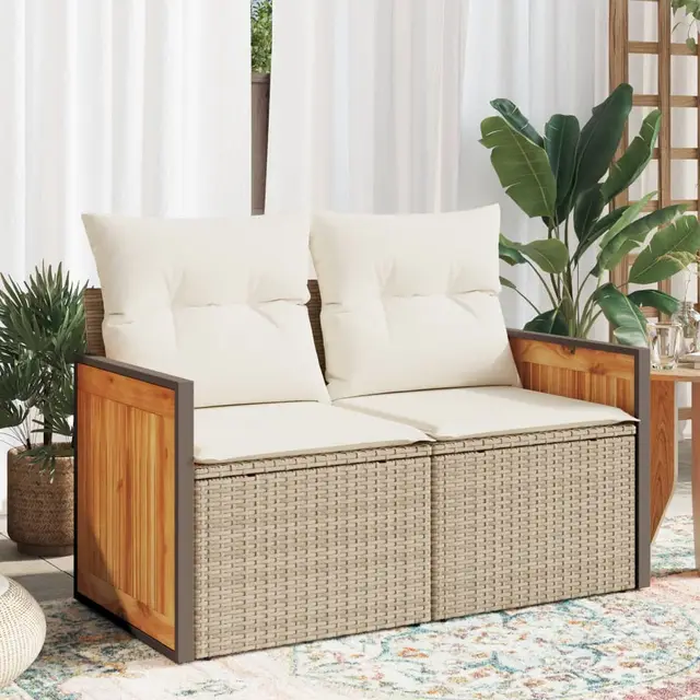 Garden Sofa with Cushions 2 Seater Poly Rattan Beige And White - Shop at LoveMi