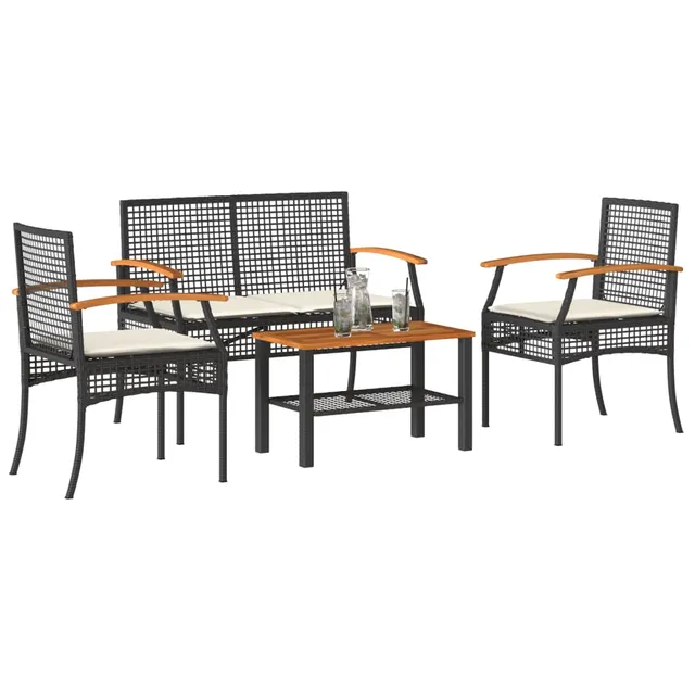 4 piece garden lounge set with cushions, poly rattan Black - Shop at LoveMi