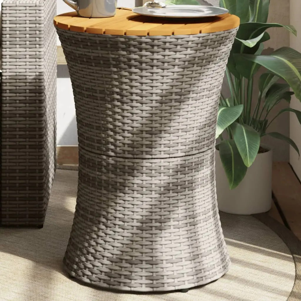 Garden Side Table Drum Shape Poly Rattan & Solid Wood - Gray