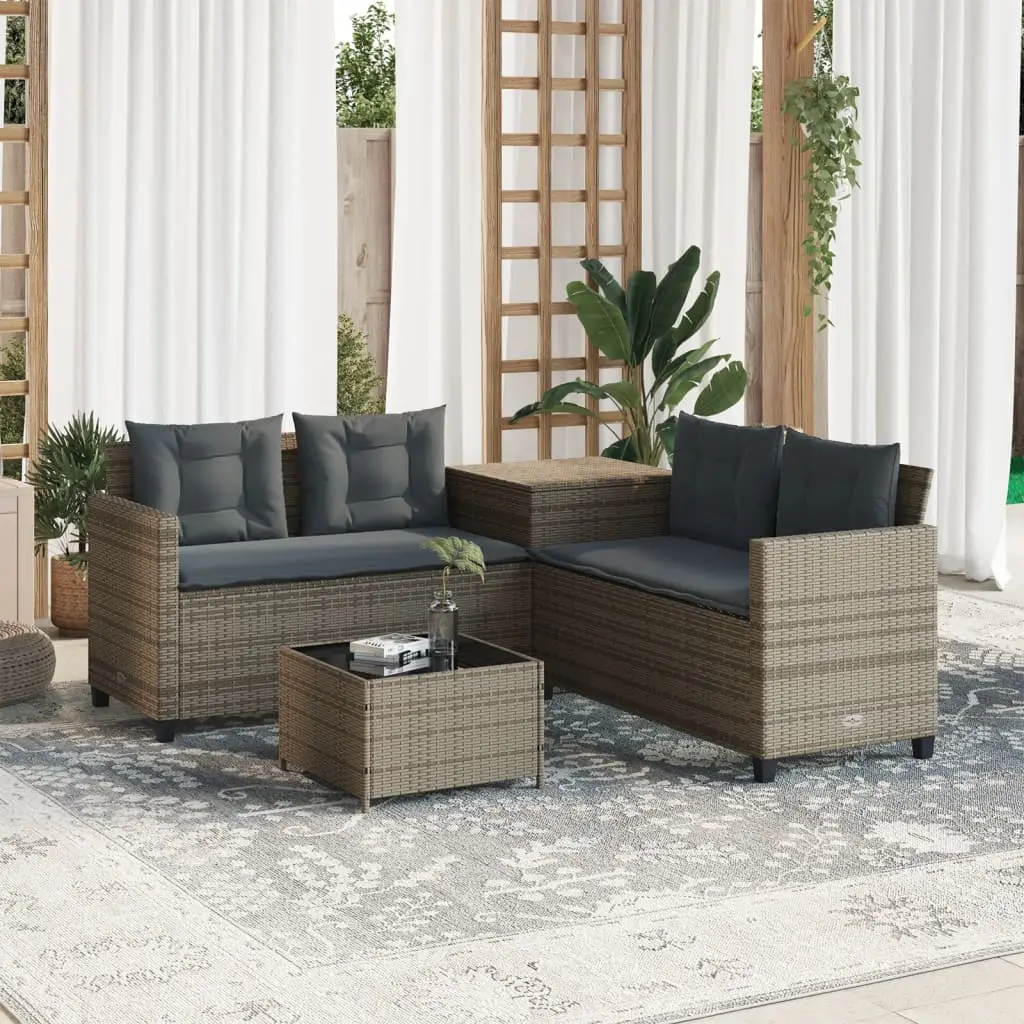 L-shaped garden sofa with table and cushions - Gray