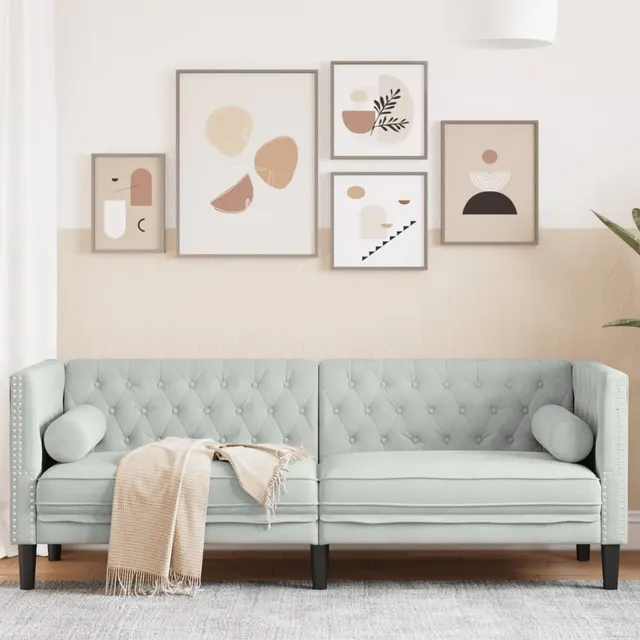 Chesterfield Sofa with Neck Rolls, 3 Seater, Velvet Light Grey - Shop at LoveMi