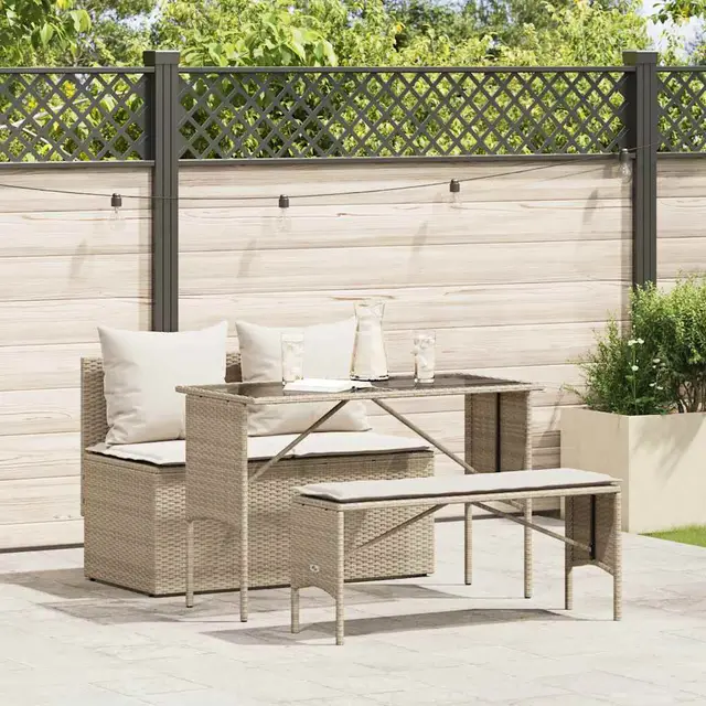 3 piece garden dining set with cushions, poly rattan Beige And Cream White - Shop at LoveMi
