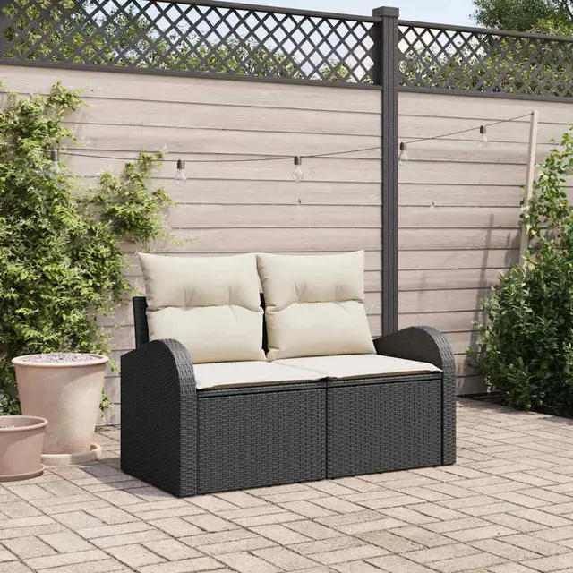 Garden Sofa with Cushions 124 x Poly Rattan Black And Cream - Shop at LoveMi