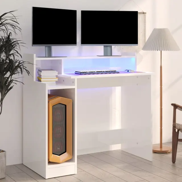 desk with LEDs 97x wood composite desk Hightogloss White - Shop at LoveMi