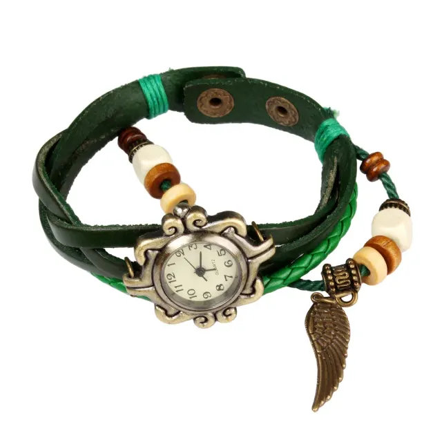 Beautiful Bohemian Style Retro Handmade Leather Angel Wing Women's Watches Green - Shop at LoveMi