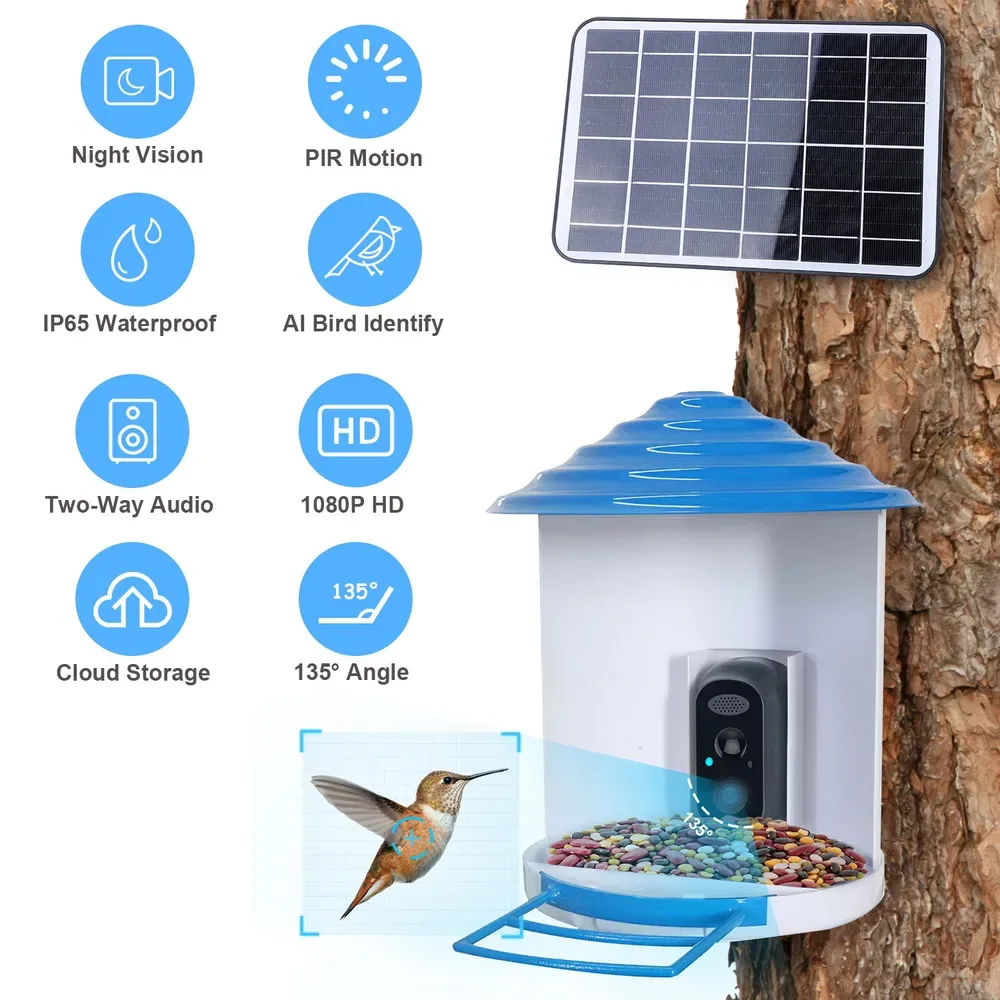 Smart Bird Feeder With Solar Powered Camera 1080P HD AI Identify PIR Motion Auto Capture Video Cloud Card Storage WiFi Connection App Control IP65 ...