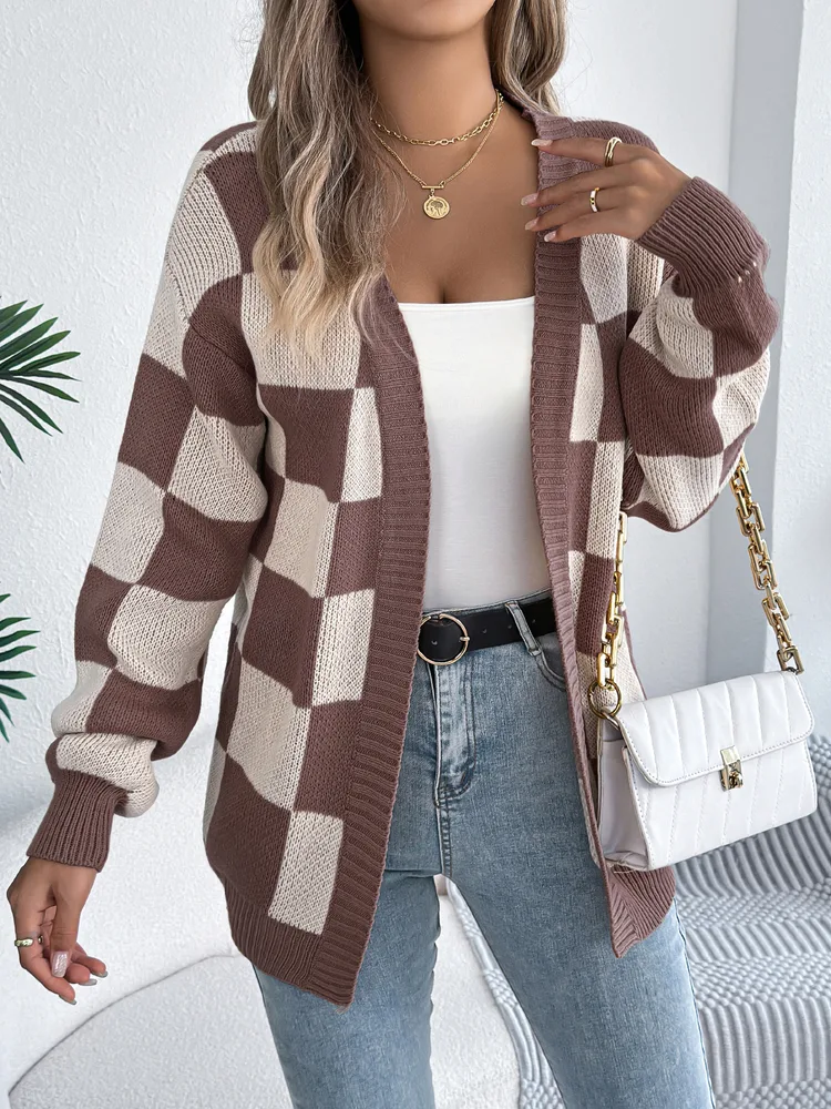 Color Block Plaid Lantern Sleeve Cardigan Sweater Mid Length Coat Brown - Shop at LoveMi