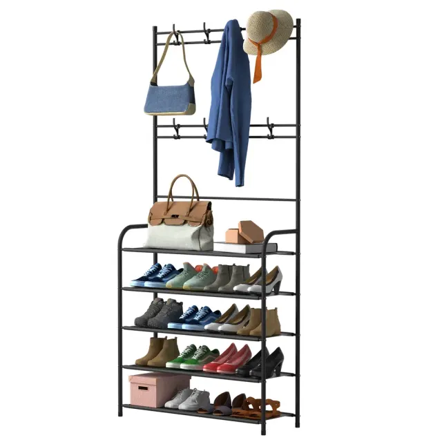 Entryway Coat Hat Rack Shoe Storage Shelf Shoe Rack Freestanding Hall Tree Garment Hanger Stand Clothes Shoe Organizer Combo 5Tier - Shop at LoveMi