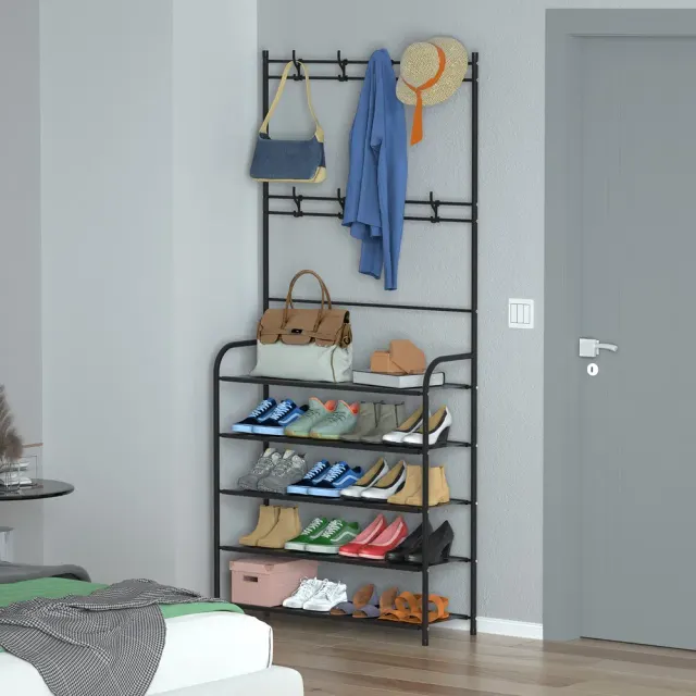 Entryway Coat Hat Rack Garment Shoe Storage Shelf Freestanding Hall Tree Clothing Hanger Stand Clothes Shoe Organizer Combo 5Tier - Shop at LoveMi