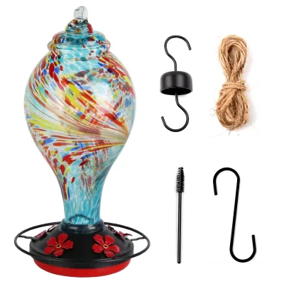 Glass Hummingbird Feeder 33OZ Hand Blown Hummingbird Feeder With 5 Flower Feeding Port Perch Ant Moat Hanging Hook S Hook Hemp Rope Cleaning Brush ... Blue - Shop at LoveMi