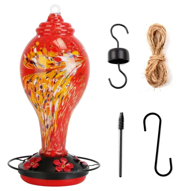 Glass Hummingbird Feeder 33OZ Hand Blown Hummingbird Feeder With 5 Flower Feeding Port Perch Ant Moat Hanging Hook S Hook Hemp Rope Cleaning Brush ... Red - Shop at LoveMi