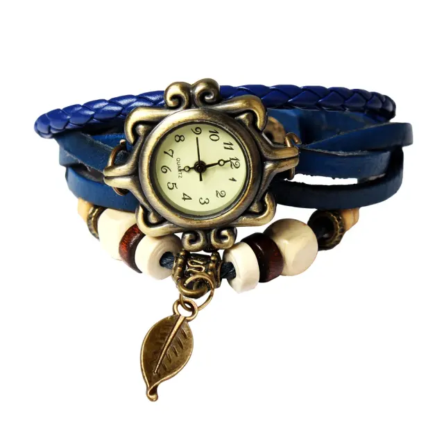 Beautiful Bohemian Style Retro Handmade Leather Tree Leaf Women's Watches Blue Blue - Shop at LoveMi