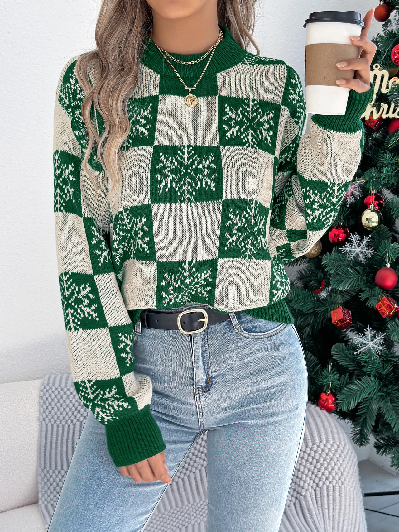 Snowflake Plaid Lantern Sleeve Pullover Sweater - Green