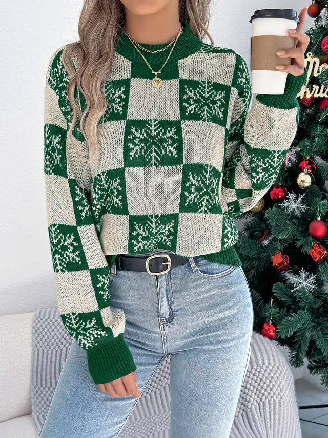 Snowflake Plaid Lantern Sleeve Pullover Sweater Green - Shop at LoveMi