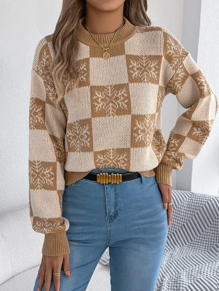 Snowflake Plaid Lantern Sleeve Pullover Sweater Khaki - Shop at LoveMi