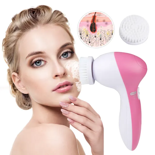 Facial Cleansing Brush Waterproof Face Spin Cleaning Brush With 5 Brush Heads Pink - Shop at LoveMi