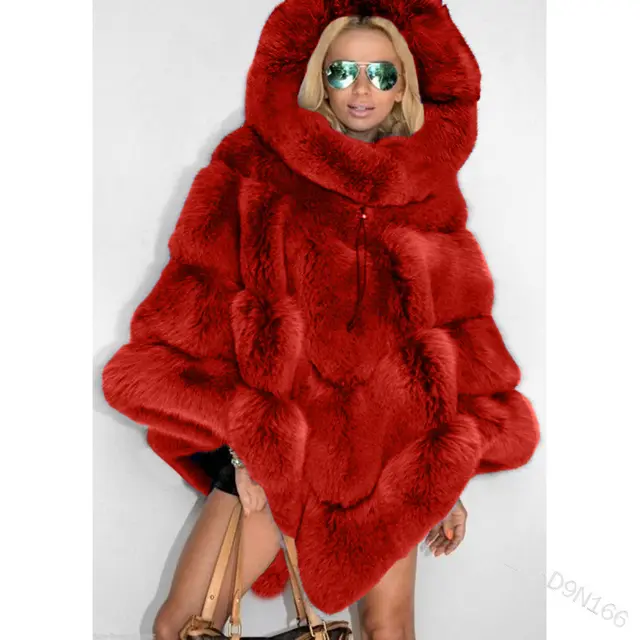 Solid Color Hooded Faux Fur Patchwork Loose Coat Elegant Commuter Cape Women's Red - Shop at LoveMi