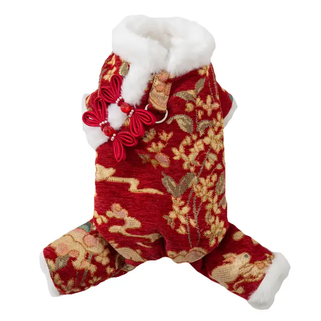 Lunar New Year Brocade Pet Jumpsuit With Faux Fur Trim, Traditional Dog Onesie For Festive Celebrations Red - Shop at LoveMi