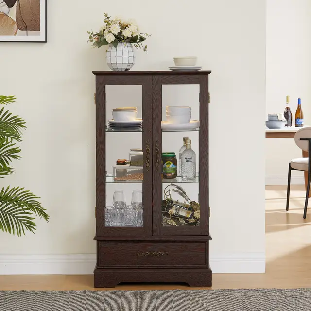 Glass Cabinet Lighted Glass Cabinet Curio Display Cabinet With Adjustable Glass Shelves 2 Doors And 1 Drawer Cabinet Bulb Included Cherry Cherry - Shop at LoveMi