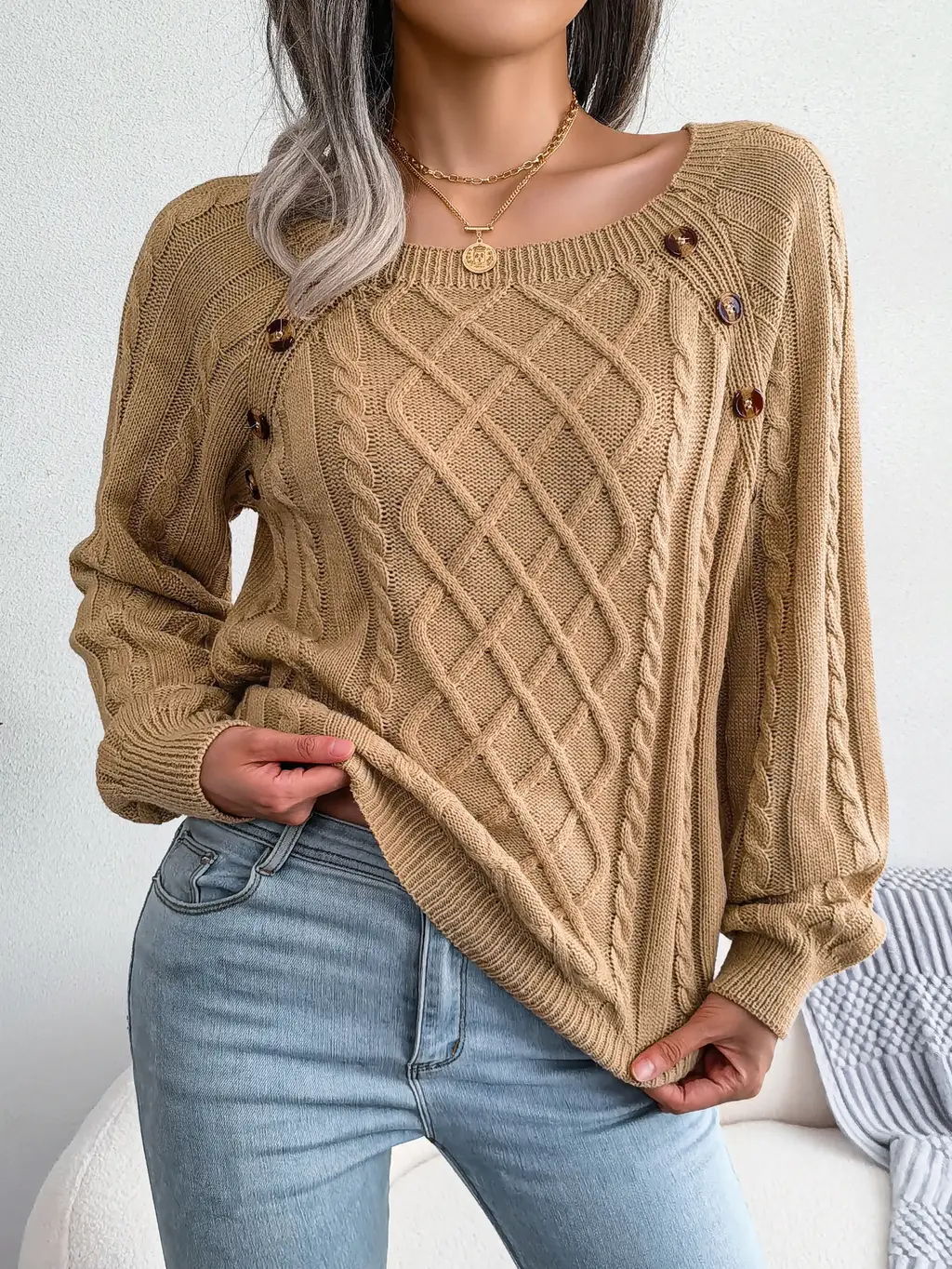Casual Square Neck Buttoned Cable Knit Pullover Sweater - Khaki