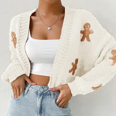 Gingerbread Man Knit Cardigan Women's Solid V Neck Ribbed Cuffed Short Sweater, Casual Spring Autumn Polyester Top Apricot - Shop at LoveMi