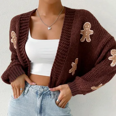 Gingerbread Man Knit Cardigan Women's Solid V Neck Ribbed Cuffed Short Sweater, Casual Spring Autumn Polyester Top Coffee - Shop at LoveMi