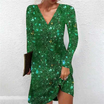 Elegant V Neck Sparkly A Line Midi Dress Women's Solid Color Sequin Long Sleeve Party Dress For Evening Green - Shop at LoveMi