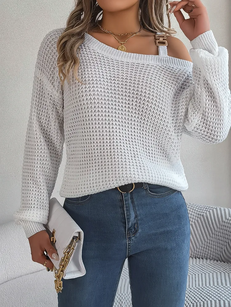 Casual Metal Button Color Block Off Shoulder Lantern Sleeve Pullover Sweater White - Shop at LoveMi