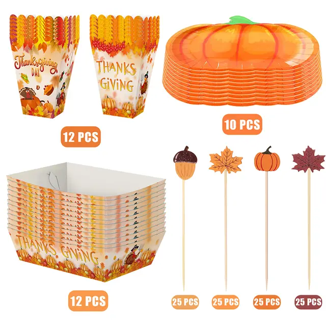 Thanksgiving Party Tableware Set Include Pumpkin Paper Plates Popcorn Boxes Food Trays With Fall Cocktail Picks Disposable Fall Harvest Dinnerware ... W13732753 - Shop at LoveMi