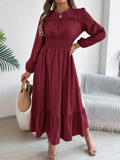 Solid Color Elegant Ruffled Waist Pleated Long Skirt Burgundy - Shop at LoveMi
