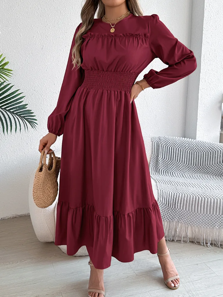 Solid Color Elegant Ruffled Waist Pleated Long Skirt - Burgundy