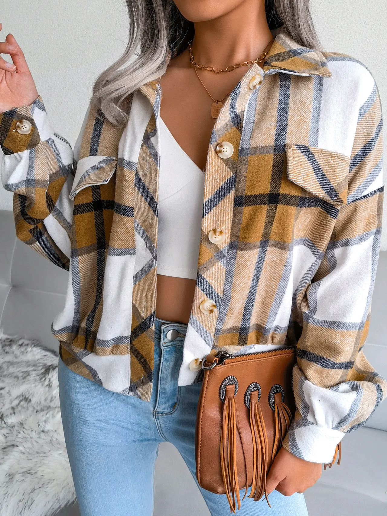 Plaid Lantern Sleeve Wool Coat Jacket - Khaki