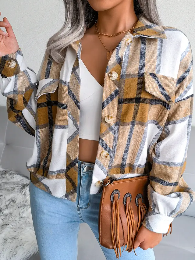 Plaid Lantern Sleeve Wool Coat Jacket Khaki - Shop at LoveMi